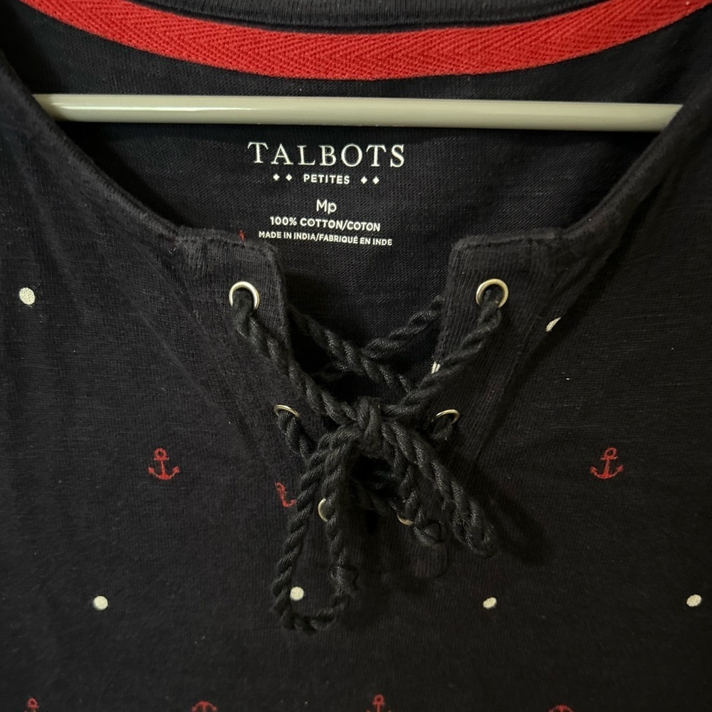 Talbots Petite Medium Navy Anchor Print Cotton Dress Nautical Tie Neck - Picture 2 of 5